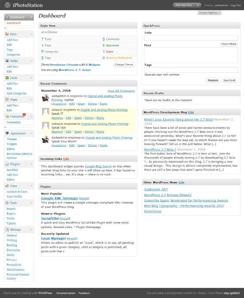 WordPress 2.7 Beta 1 Dashboard