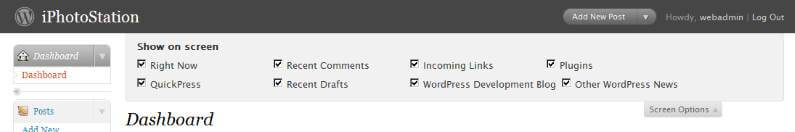 WordPress 2.7 Beta 1 Dashboard Screen Options