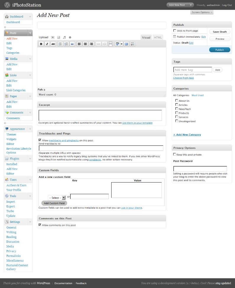 WordPress 2.7 Beta 1 Add New Post